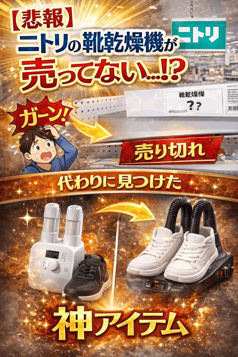ニトリの靴乾燥機が売り切れで入手できない様子と、代わりにおすすめの靴乾燥機を紹介するアイキャッチ画像