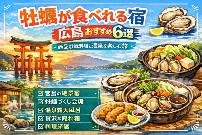 広島の牡蠣が食べられる宿おすすめ6選。宮島の大鳥居と瀬戸内海を背景に、牡蠣料理や牡蠣鍋、牡蠣フライが並ぶ温泉宿のイメージイラスト。広島の絶景宿や温泉露天風呂、料理旅館などを紹介する旅の特集画像。