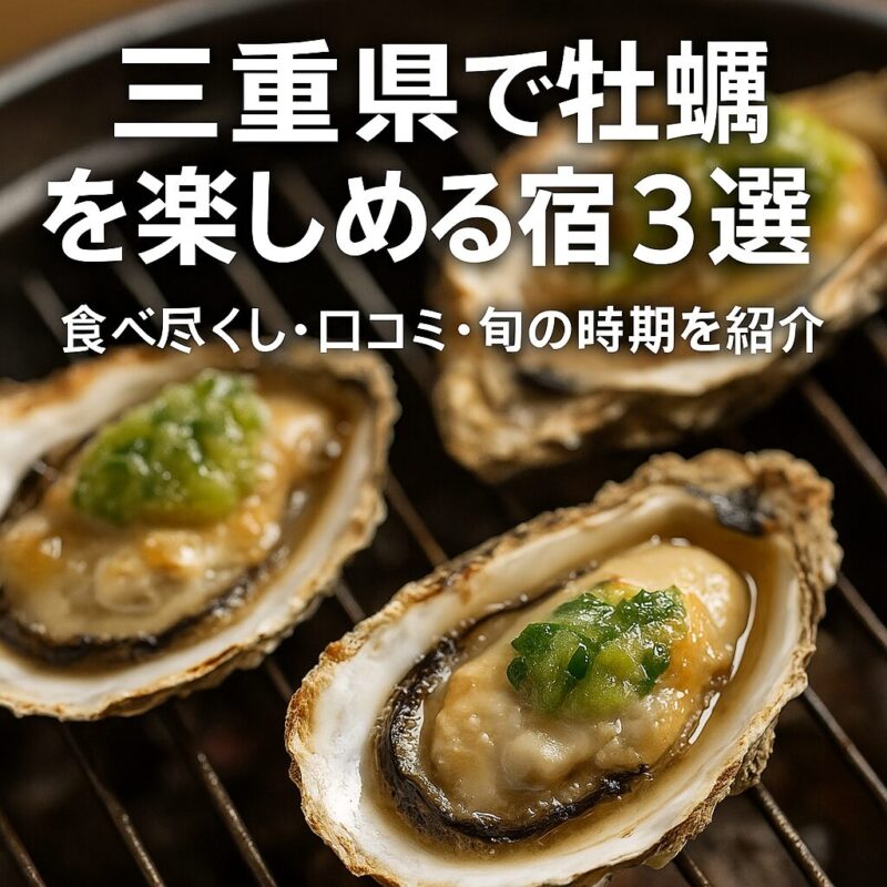 三重県で牡蠣料理を楽しめる旅館を紹介する記事のアイキャッチ画像。牡蠣料理の写真とタイトル入りデザイン