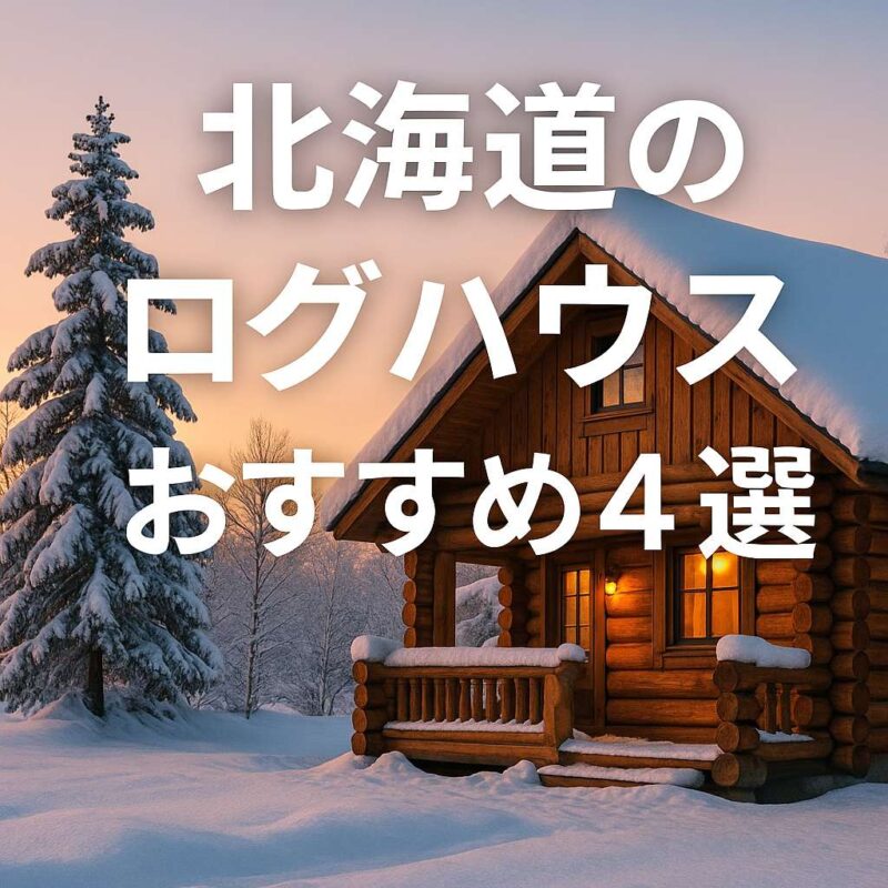 雪景色の中に建つログハウスと「ログハウス宿泊できる北海道4選」というタイトルが入ったアイキャッチ画像
