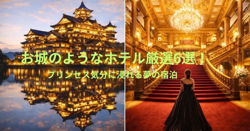 夜にライトアップされたヨーロッパの古城のような日本の高級ホテル外観と、金箔装飾と赤い絨毯の大階段がある明るく豪華なロビー内観。ドレス姿の女性が見上げている幻想的な空間