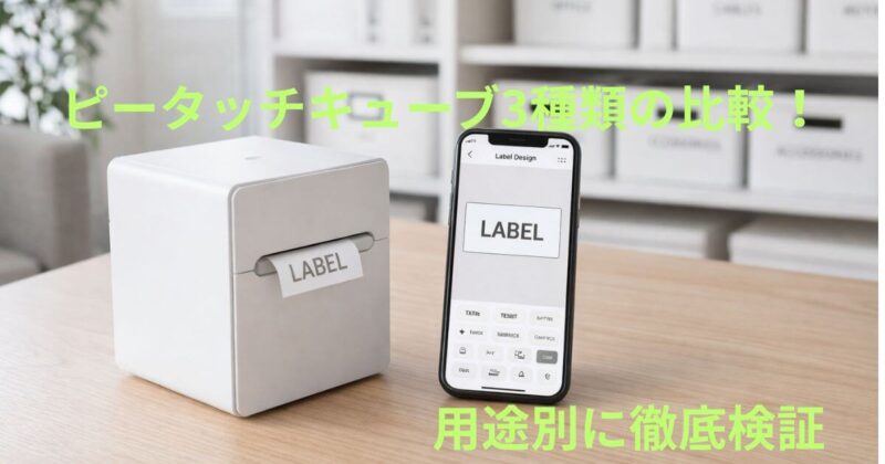 明るくモダンなリビングの木製テーブルの上に、白いキューブ型のラベルプリンターと、ラベルデザインアプリを表示したスマートフォンが並んで置かれている。背景には、ラベル付きの白い収納ボックスが棚に整然と並び、清潔感のある室内が自然光でやさしく照らされている。