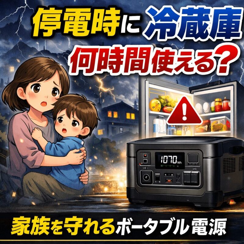 停電時に冷蔵庫は何時間使える？ポータブル電源で備える家庭のイメージ