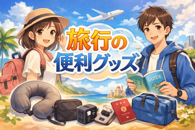 alt="旅行の便利グッズを紹介するアイキャッチ画像。リュックを背負った男女の旅行者と、ネックピロー、モバイルバッテリー、パスポートなどの必須アイテムが描かれている"