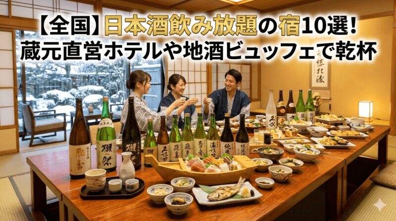 温泉宿の和室で、豪華な舟盛りの刺身や地酒が並ぶ食卓を囲み、浴衣姿で乾杯する男女3人の様子。テーブルには「獺祭」などの銘酒が多数並んでおり、上部には「【全国】日本酒飲み放題の宿10選！蔵元直営ホテルや地酒ビュッフェで乾杯」というテキストが含まれている。