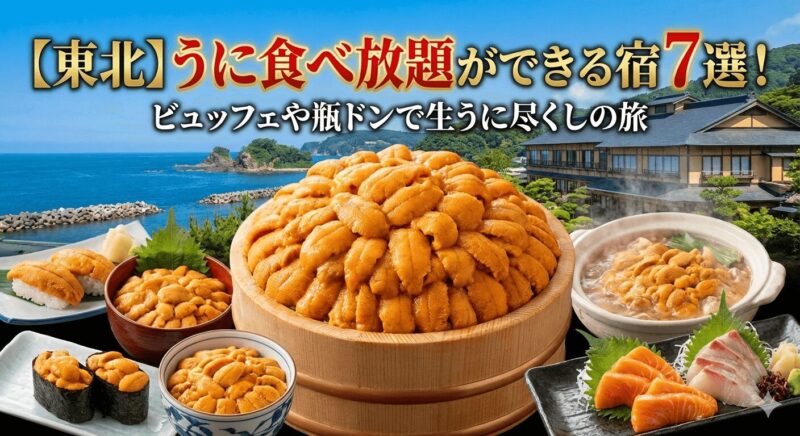 東北のうに食べ放題ができる宿を紹介するアイキャッチ画像。中央に山盛りの生うにがのった桶、周囲にうに丼、うにの軍艦巻き、刺身盛り合わせが配置されている。背景には東北の美しい海と和風の宿が描かれ、「【東北】うに食べ放題ができる宿7選！ビュッフェや瓶ドンで生うに尽くしの旅」という文字が含まれている。