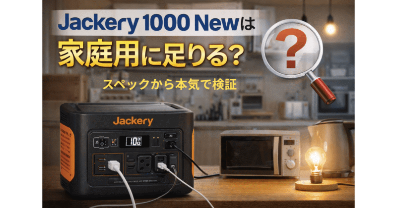 Jackery 1000 Newをキッチンカウンターに設置し、電子レンジや電球に給電している様子。家庭用ポータブル電源の使用イメージ