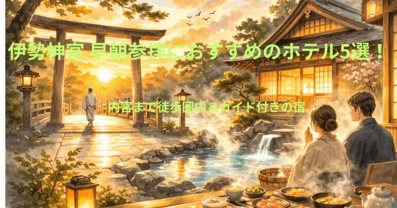 伊勢神宮の早朝参拝と内宮近くの旅館をイメージした朝日と鳥居のイラスト