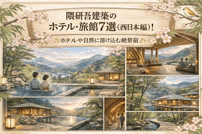 隈研吾建築のホテル・旅館7選（西日本編）のイメージ。自然と調和した和モダン宿で温泉や絶景を楽しむ旅のアイキャッチ画像