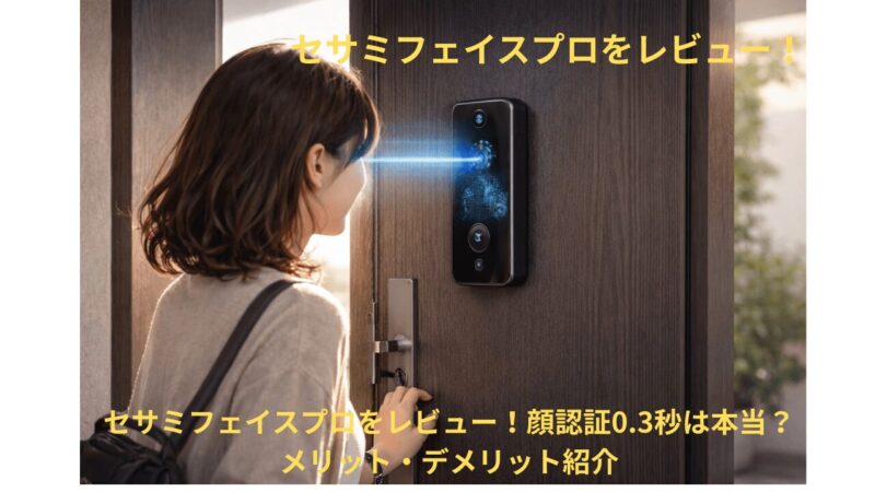 玄関ドアの外側に設置された顔認証スマートロックに向かい、女性が顔をかざして解錠しようとしている様子。デバイスから青い光が照射され、認証中の演出がされている。