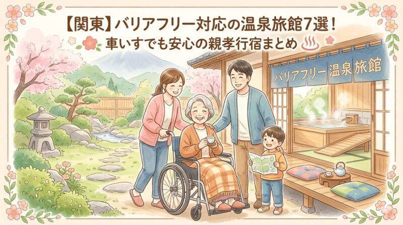 【関東】バリアフリー対応の温泉旅館7選！ 車いすでも安心の親孝行宿まとめ」というテキストが上部に入った、柔らかい水彩画風のイラスト。車椅子のお祖母様を笑顔で囲む家族（息子、娘、孫）が、桜、石灯籠、踏み石、遠くの富士山が見える伝統的な日本の温泉旅館の庭園にいます。右側の看板には「バリアフリー 温泉旅」とあり、バリアフリーな露天風呂の入り口が見えます