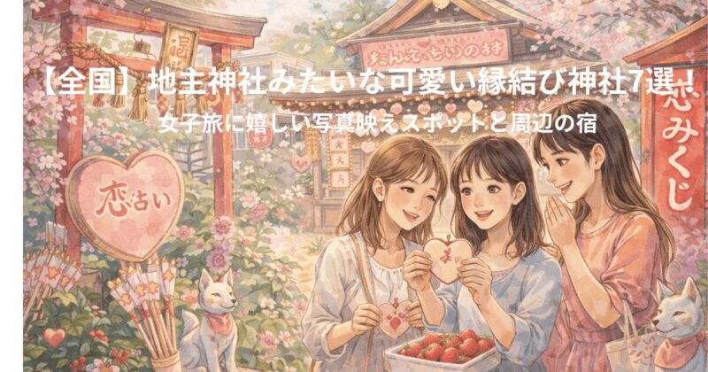 桜に囲まれた可愛い縁結び神社で、3人の女性がハート型のお守りを見ながら楽しむ女子旅のイラスト。恋占いや絵馬、赤い鳥居など写真映えするスポットが描かれている。