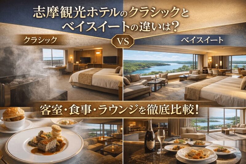 志摩観光ホテルのクラシックとベイスイートを比較したアイキャッチ画像。客室、食事、ラウンジの違いを左右分割で紹介したバナー