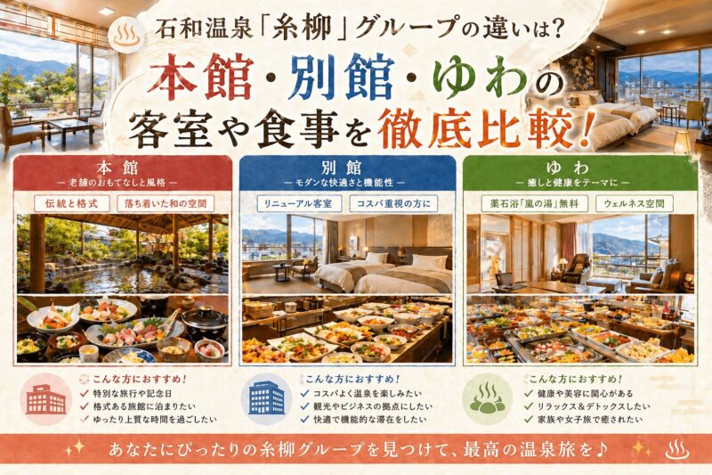 石和温泉「糸柳」グループの違いを徹底比較｜本館・別館・ゆわの客室や食事・温泉の特徴まとめ