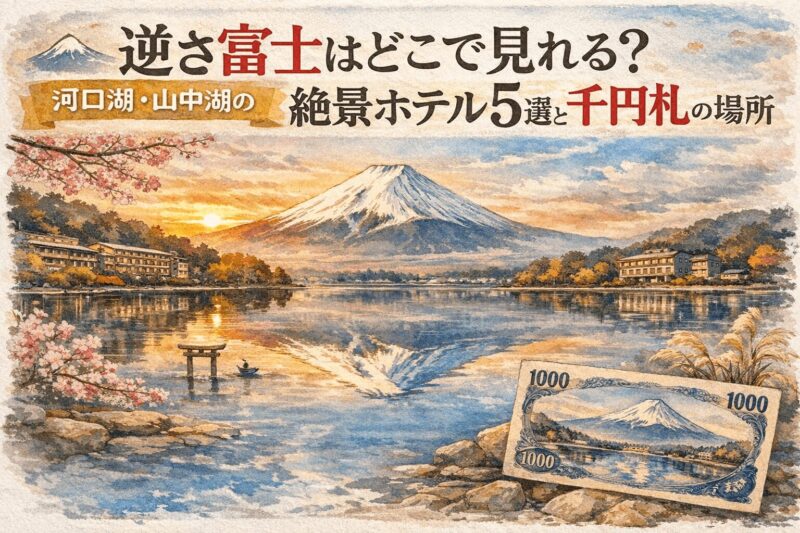 夕焼けの富士山と湖面に映る逆さ富士、桜と鳥居、千円札の図柄をモチーフにしたイラストと「逆さ富士はどこで見れる？河口湖・山中湖の絶景ホテル5選と千円札の場所」の文字入りバナー画像