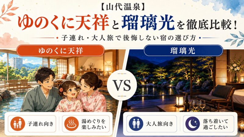 山代温泉のゆのくに天祥と瑠璃光を比較し、子連れ・大人旅で後悔しない宿の選び方を紹介するアイキャッチ画像