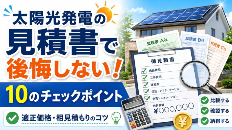太陽光発電の見積書で後悔しないために、適正価格・相見積もり・費用内訳を確認する10のポイントを解説した画像