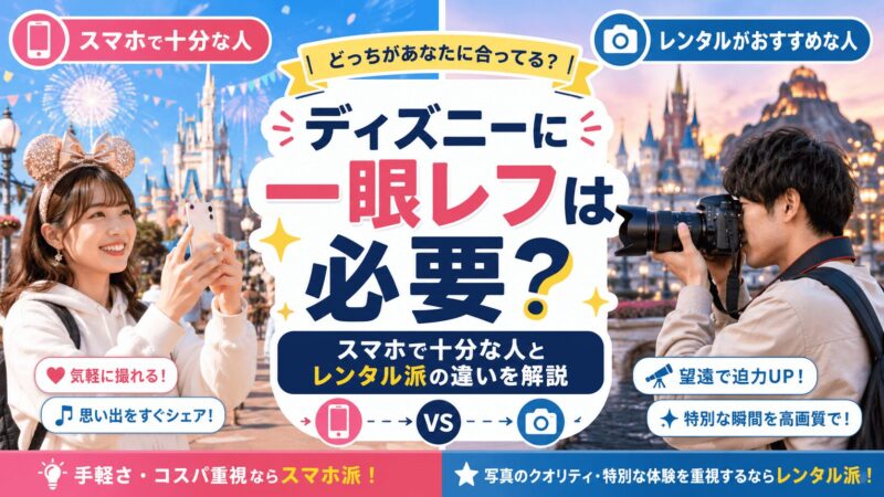 ディズニー旅行で一眼レフが必要かを、スマホ撮影派とレンタルカメラ派に分けて解説するアイキャッチ画像